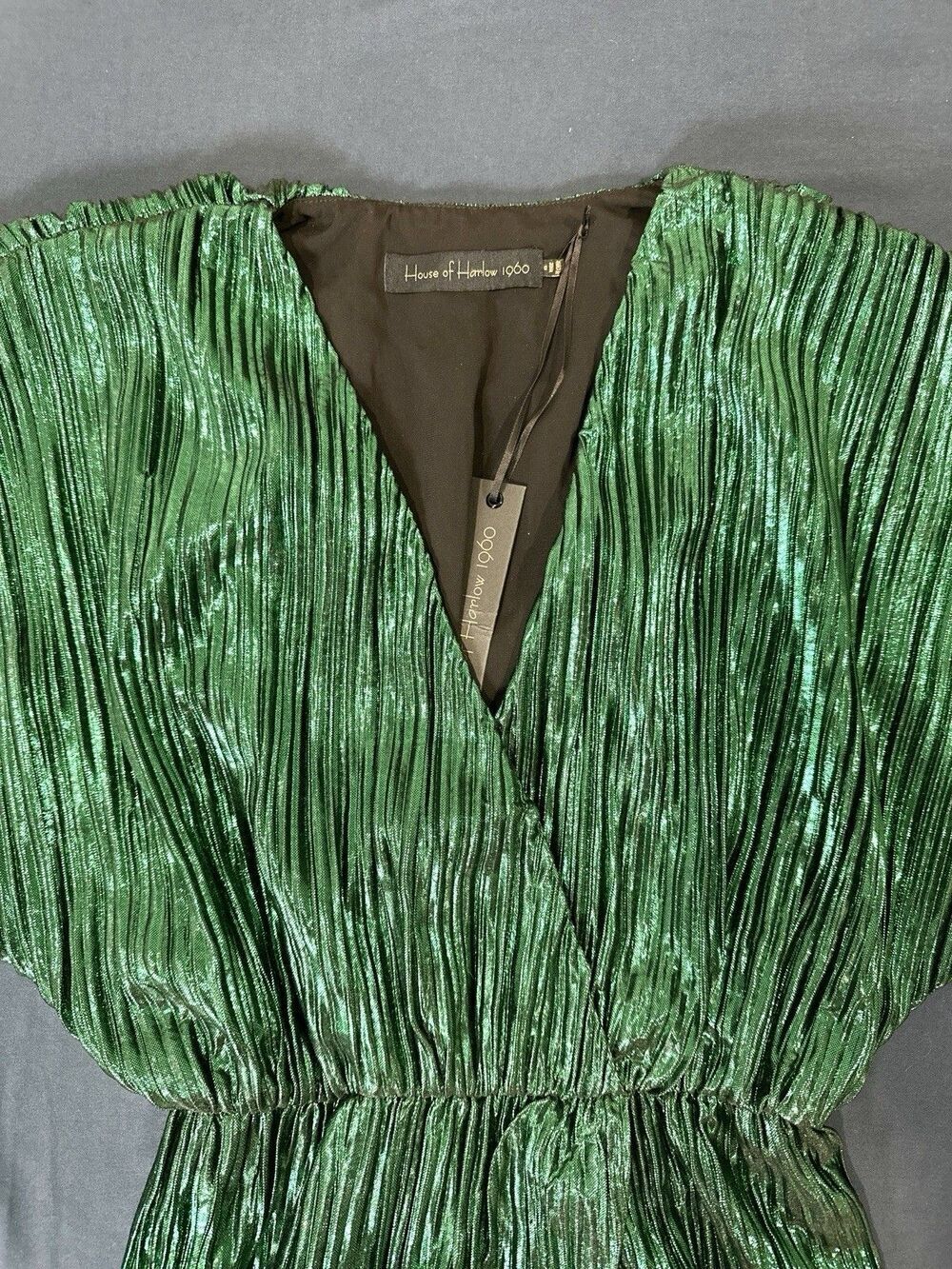 House of Harlow 1960 XS Emerald Green Metallic Pleated Maxi Dress Slit Glam NWT - Picture 5 of 8